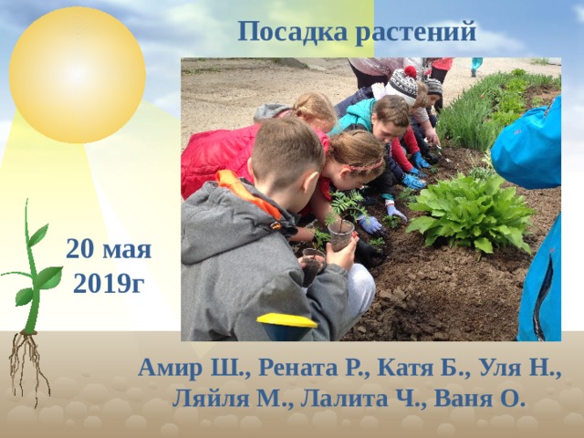 Посадка растений 20 мая 2019г Амир Ш., Рената Р., Катя Б., Уля Н., Ляйля М., Лалита Ч., Ваня О.  