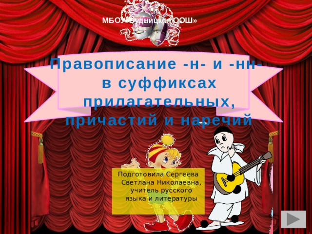 МБОУ»Будницкая ООШ» Правописание -н- и -нн-  в суффиксах прилагательных, причастий и наречий   Подготовила Сергеева Светлана Николаевна, учитель русского языка и литературы 