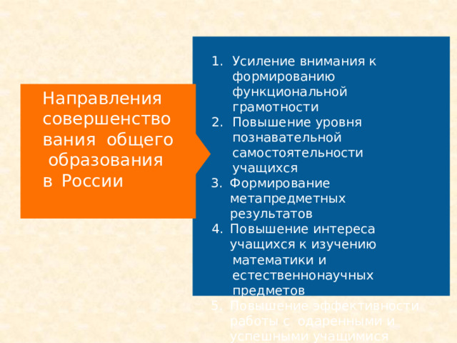 Усиление внимания к формированию функциональной  грамотности Повышение уровня  познавательной самостоятельности  учащихся Формирование метапредметных результатов Повышение интереса учащихся к  изучению математики и естественнонаучных предметов Повышение эффективности работы с одаренными и успешными  учащимися Повышение эффективности инвестиций  в образование Улучшение образовательной среды в  школе Направления совершенствования общего образования в  России 