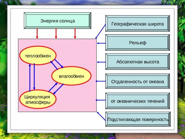 Энергия солнца Географическая широта Рельеф теплообмен Абсолютная высота влагообмен Отдаленность от океана Циркуляция атмосферы от океанических течений Подстилающая поверхность 
