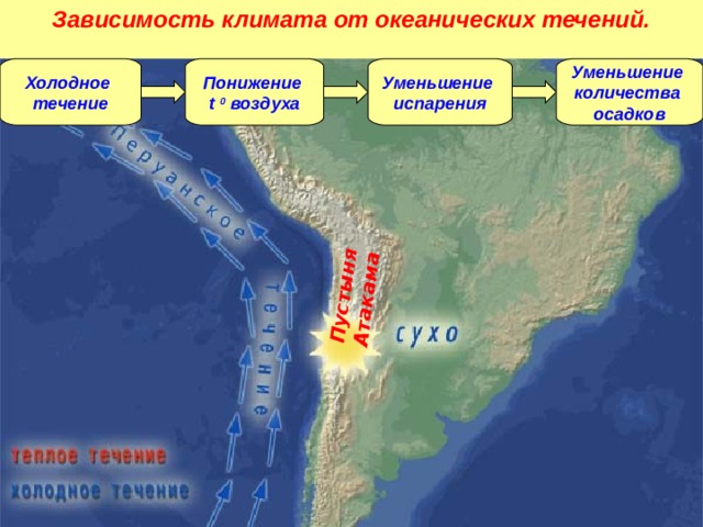 Зависимость климата от океанических течений. Пустыня Атакама Холодное течение Понижение t  0  воздуха Уменьшение испарения Уменьшение количества осадков 