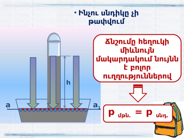  Ինչու սնդիկը չի թափվում Ճնշումը հեղուկի միևնույն մակարդակում նույնն է բոլոր ուղղություններով h а 1 а  р մթն. =  р սնդ.  