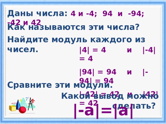 Даны числа:  4 и -4; 94 и -94; -42 и 42 Как называются эти числа? Найдите модуль каждого из чисел. |4|  =  4 и |-4|  =  4 |94|  =  94   и |-94|  =  94 |-42|  =  42 и |42|  =  42 Сравните эти модули. Какой вывод можно сделать? | -а |=|a|   