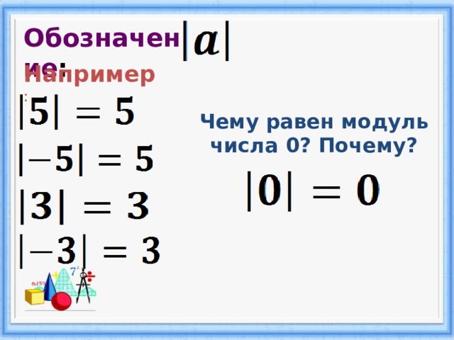 Обозначение : Например : Чему равен модуль числа 0? Почему? 