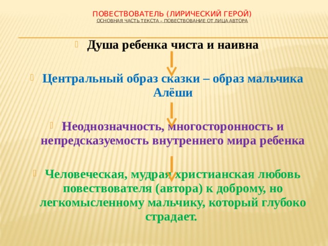 Повествователь (лирический герой)  Основная часть текста – повествование от лица автора Душа ребенка чиста и наивна Центральный образ сказки – образ мальчика Алёши  Неоднозначность, многосторонность и непредсказуемость внутреннего мира ребенка  Человеческая, мудрая христианская любовь повествователя (автора) к доброму, но легкомысленному мальчику, который глубоко страдает. 