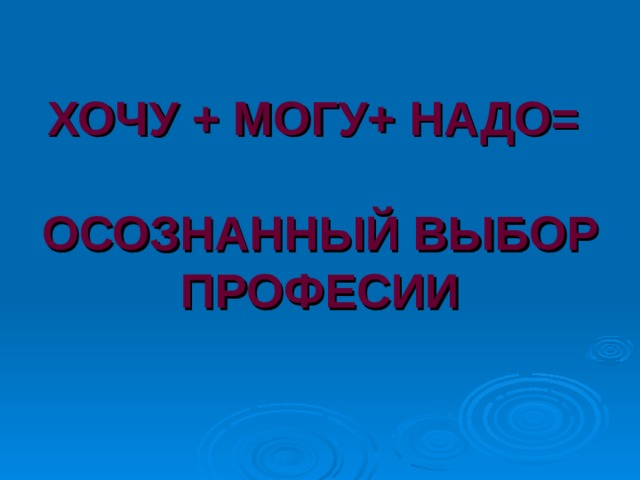 ХОЧУ + МОГУ+ НАДО=   ОСОЗНАННЫЙ ВЫБОР ПРОФЕСИИ 