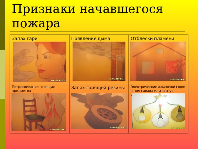 Признаки начавшегося пожара Запах гари Появление дыма Потрескивание горящих предметов Отблески пламени Запах горящей резины Электрические лампочки горят в пол накала или гаснут совсем  