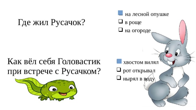  на лесной опушке  в роще  на огороде Где жил Русачок? Как вёл себя Головастик при встрече с Русачком?  хвостом вилял  рот открывал  нырял в воду 