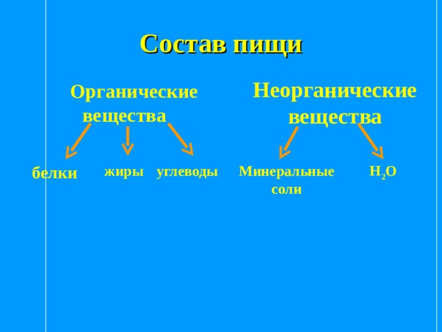Состав пищи Неорганические вещества  Органические вещества белки жиры углеводы Минеральные соли Н 2 О 