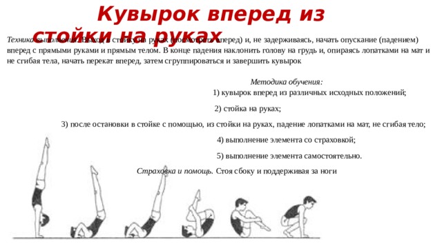  Кувырок вперед из стойки на руках Техника выполнения.  Выход в стойку на руках (посмотреть вперед) и, не задерживаясь, начать опускание (падением) вперед с прямыми руками и прямым телом. В конце падения наклонить голову на грудь и, опираясь лопатками на мат и не сгибая тела, начать перекат вперед, затем сгруппироваться и завершить кувырок    Методика обучения:  1) кувырок вперед из различных исходных положений;  2) стойка на руках;  3) после остановки в стойке с помощью, из стойки на руках, падение лопатками на мат, не сгибая тело;  4) выполнение элемента со страховкой;  5) выполнение элемента самостоятельно.  Страховка и помощь.  Стоя сбоку и поддерживая за ноги 
