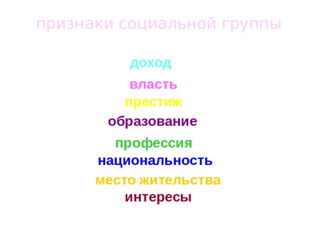 признаки социальной группы доход власть престиж образование профессия национальность место жительства интересы 