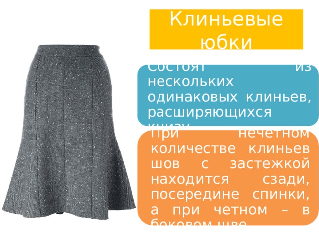 Клиньевые юбки Состоят из нескольких одинаковых клиньев, расширяющихся книзу. При нечетном количестве клиньев шов с застежкой находится сзади, посередине спинки, а при четном – в боковом шве. 