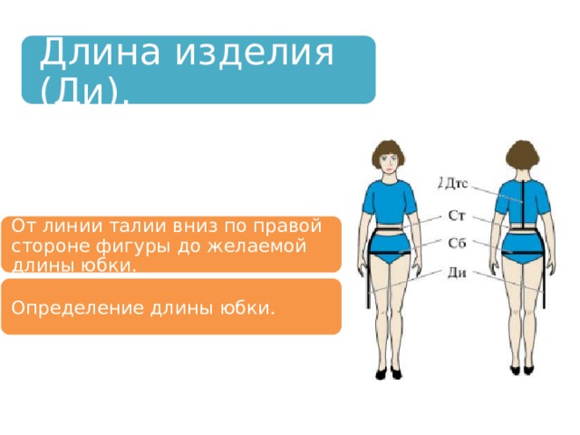Длина изделия (Ди). От линии талии вниз по правой стороне фигуры до желаемой длины юбки. Определение длины юбки. 