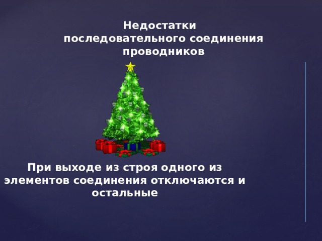 Недостатки последовательного соединения проводников При выходе из строя одного из элементов соединения отключаются и остальные 