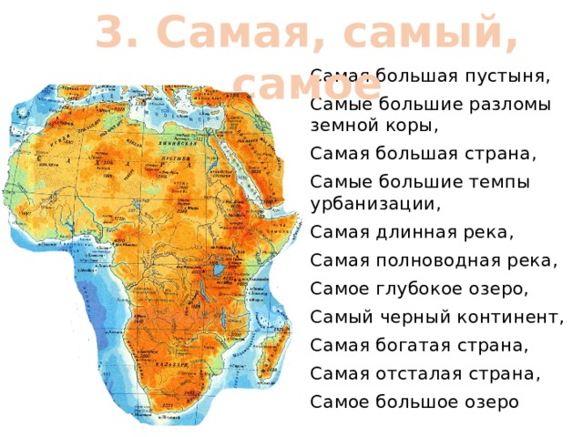 3. Самая, самый, самое Самая большая пустыня, Самые большие разломы земной коры, Самая большая страна, Самые большие темпы урбанизации, Самая длинная река, Самая полноводная река, Самое глубокое озеро, Самый черный континент, Самая богатая страна, Самая отсталая страна, Самое большое озеро 