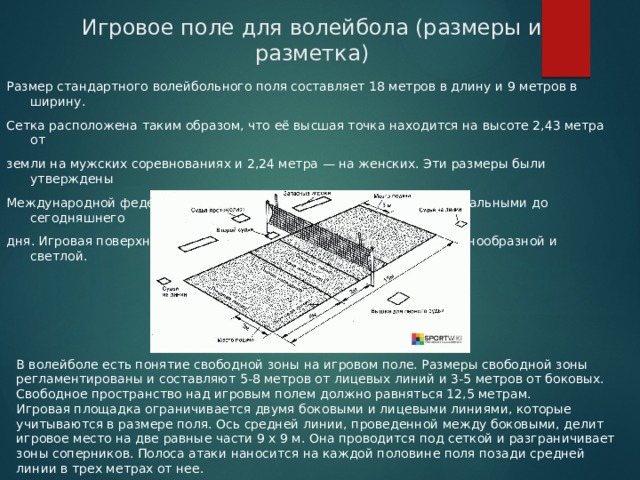 Игровое поле для волейбола (размеры и разметка)   Размер стандартного волейбольного поля составляет 18 метров в длину и 9 метров в ширину. Сетка расположена таким образом, что её высшая точка находится на высоте 2,43 метра от земли на мужских соревнованиях и 2,24 метра — на женских. Эти размеры были утверждены Международной федерацией волейбола в 1925 году и являются актуальными до сегодняшнего дня. Игровая поверхность должна быть горизонтальной, плоской, однообразной и светлой.  В волейболе есть понятие свободной зоны на игровом поле. Размеры свободной зоны регламентированы и составляют 5-8 метров от лицевых линий и 3-5 метров от боковых. Свободное пространство над игровым полем должно равняться 12,5 метрам. Игровая площадка ограничивается двумя боковыми и лицевыми линиями, которые учитываются в размере поля. Ось средней линии, проведенной между боковыми, делит игровое место на две равные части 9 х 9 м. Она проводится под сеткой и разграничивает зоны соперников. Полоса атаки наносится на каждой половине поля позади средней линии в трех метрах от нее.  