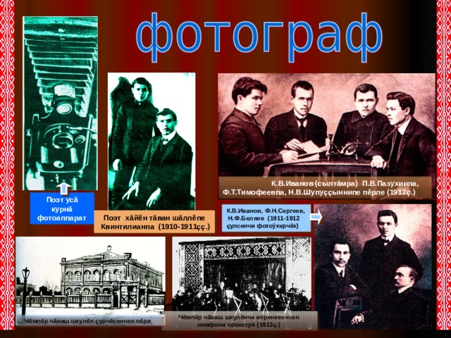  К.В.Иванов (сылтăмра) П.В.Пазухинпа, Ф.Т.Тимофеевпа, Н.В.Шупуççыннипе пĕрле (1912ç.) Поэт усă курнă  фотоаппарат  К.В.Иванов, Ф.Н.Сергеев, Н.Ф.Беляев (1911-1912 çулсенчи фотоÿкерчĕк) Поэт хăйĕн тăван шăллĕпе  Квинтилианпа (1910-1911çç.)  Чĕмпĕр чăваш шкулĕнче вĕренекенсен симфони оркестрĕ (1913ç.)  Чĕмпĕр чăваш шкулĕн çурчĕсенчен пĕри  