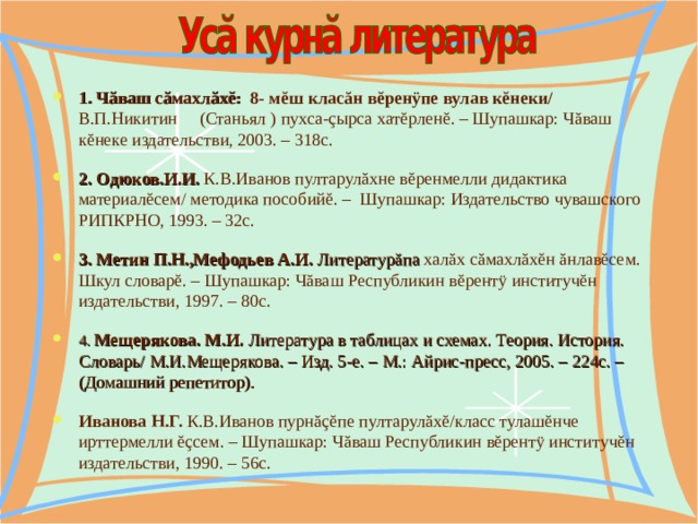 1. Ч ă ваш сăмахлăхĕ: 8- м ĕ ш клас ă н в ĕ рен ÿ пе вулав к ĕ неки / В.П.Никитин (Станьял ) пухса - ç ырса хат ĕ рлен ĕ . – Шупашкар: Ч ă ваш к ĕ неке издательстви, 2003. – 318с. 2. Одюков.И.И.  К.В.Иванов пултарулăхне в ĕ ренмелли дидактика материалĕсем/ методика пособийĕ. – Шупашкар: Издательство чувашского РИПКРНО, 1993. – 32с.  3. Метин П.Н.,Мефодьев А.И. Литературăпа халăх сăмахлăхĕн ăнлавĕсем. Шкул словарĕ. – Шупашкар: Чăваш Республикин вĕрентÿ институчĕн издательстви, 1997. – 80с.  4 . Мещерякова.  М.И.  Литература в таблицах и схемах. Теория. История. Словарь/ М.И.Мещерякова. – Изд. 5-е. – М.: Айрис-пресс, 2005. – 224с. – (Домашний репетитор).  Иванова Н.Г. К.В.Иванов пурнăçĕпе пултарулăхĕ/класс тулашĕнче ирттермелли ĕçсем. – Шупашкар: Чăваш Республикин вĕрентÿ институчĕн издательстви, 1990. – 56с.  