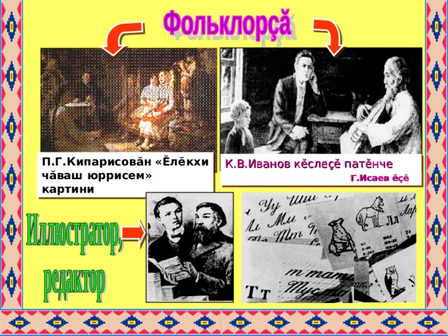 П.Г.Кипарисовăн «Ĕлĕкхи чăваш юррисем» картини К.В.Иванов к ĕ сле çĕ пат ĕ нче  Г.Исаев ĕçĕ К.В.Иванов юрӑ итлет.  П.Г.Кипарисов ӗ çĕ . 