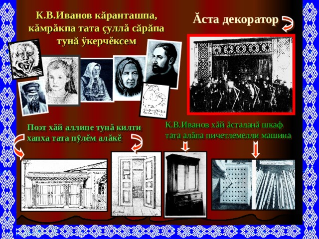 К.В.Иванов кӑранташпа, к ă мр ă кпа тата ç улл ă сӑрӑпа тунӑ ÿ керч ĕ ксем Ă ст а декоратор  К.В.Иванов х ă й ă сталан ă шкаф тата ал ă па пичетлемелли машина Поэт хăй аллипе тунă килти хапха тата п ÿ л ĕ м ал ă к ĕ 