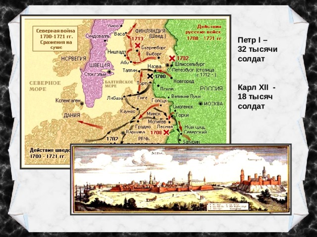 Петр I – 32 тысячи солдат Карл XII - 18 тысяч солдат 