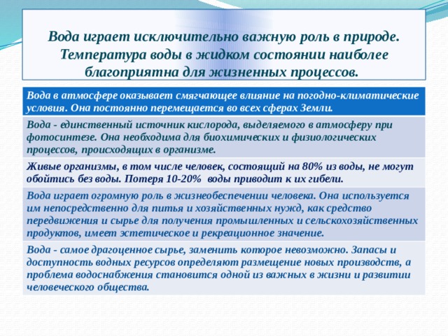 Вода играет исключительно важную роль в природе. Температура воды в жидком состоянии наиболее благоприятна для жизненных процессов. Вода в атмосфере оказывает смягчающее влияние на погодно-климатические условия. Она постоянно перемещается во всех сферах Земли. Вода - единственный источник кислорода, выделяемого в атмосферу при фотосинтезе. Она необходима для биохимических и физиологических процессов, происходящих в организме. Живые организмы, в том числе человек, состоящий на 80% из воды, не могут обойтись без воды. Потеря 10-20% воды приводит к их гибели. Вода играет огромную роль в жизнеобеспечении человека. Она используется им непосредственно для питья и хозяйственных нужд, как средство передвижения и сырье для получения промышленных и сельскохозяйственных продуктов, имеет эстетическое и рекреационное значение. Вода - самое драгоценное сырье, заменить которое невозможно. Запасы и доступность водных ресурсов определяют размещение новых производств, а проблема водоснабжения становится одной из важных в жизни и развитии человеческого общества. 