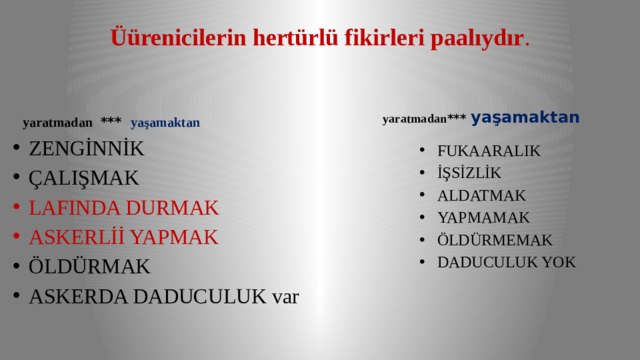 Üürenicilerin hertürlü fikirleri paalıydır . yaratmadan *** yaşamaktan yaratmadan *** yaşamaktan ZENGİNNİK ÇALIŞMAK LAFINDA DURMAK ASKERLİİ YAPMAK ÖLDÜRMAK ASKERDA DADUCULUK var FUKAARALIK İŞSİZLİK ALDATMAK YAPMAMAK ÖLDÜRMEMAK DADUCULUK YOK 