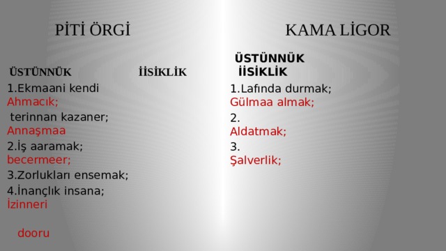 PİTİ ÖRGİ KAMA LİGOR ÜSTÜNNÜK İİSİKLİK ÜSTÜNNÜK İİSİKLİK 1.Ekmaani kendi Ahmacık;  terinnan kazaner; Annaşmaa  2.İş aaramak; becermeer; 3.Zorlukları ensemak; 4.İnançlık insana; İzinneri  dooru  annameer; 1.Lafında durmak; Gülmaa almak; 2. Aldatmak; 3. Şalverlik; 