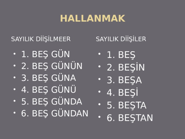 HALLANMAK SAYILIK DİİŞİLMEER SAYILIK DİİŞİLER 1. BEŞ GÜN 2. BEŞ GÜNÜN 3. BEŞ GÜNA 4. BEŞ GÜNÜ 5. BEŞ GÜNDA 6. BEŞ GÜNDAN 1. BEŞ 2. BEŞİN 3. BEŞA 4. BEŞİ 5. BEŞTA 6. BEŞTAN 