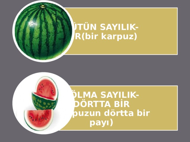 BÜTÜN SAYILIK-BİR(bir karpuz) BÖLMA SAYILIK-DÖRTTA BİR (karpuzun dörtta bir payı) 