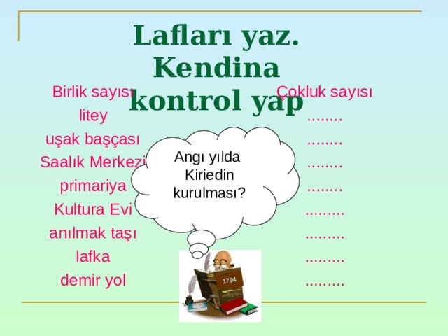 1794 Lafları yaz.  Kendina kontrol yap Birlik sayısı litey uşak başçası Saalık Merkezi primariya Kultura Evi anılmak taşı lafka demir yol Çokluk sayısı ........ ........ ........ ........ ......... ......... ......... ......... Angı yılda Kiriedin kurulması ? 