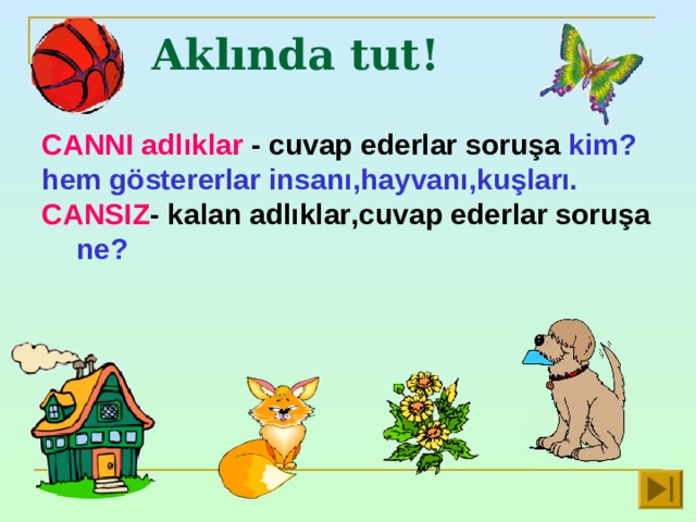 Aklında  tut !    CANNI adlıklar  -  cuvap ederlar soruşa  kim ? hem göstererlar insanı , hayvanı , kuşları. CANSIZ - kalan adlıklar , cuvap ederlar soruşa  ne ?    