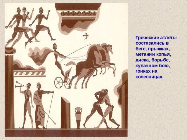 Греческие атлеты состязались в беге, прыжках, метании копья, диска, борьбе, кулачном бою, гонках на колесницах. 