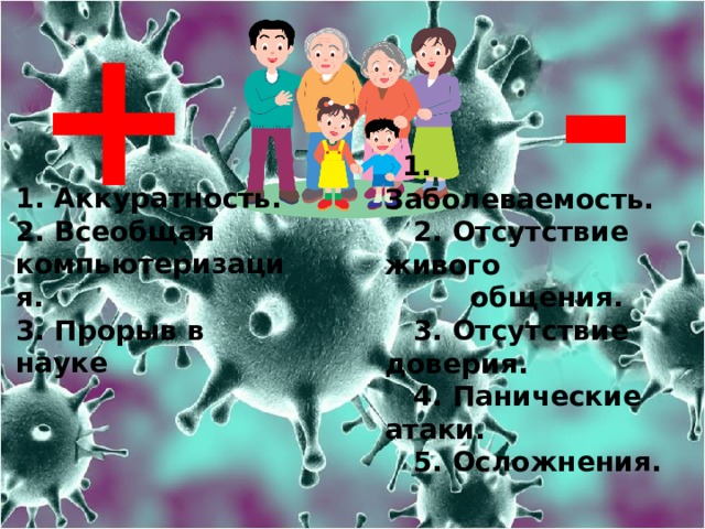 + -  1. Заболеваемость.  2. Отсутствие живого  общения.  3. Отсутствие доверия.  4. Панические атаки.  5. Осложнения.  1. Аккуратность. 2. Всеобщая компьютеризация. 3. Прорыв в науке 