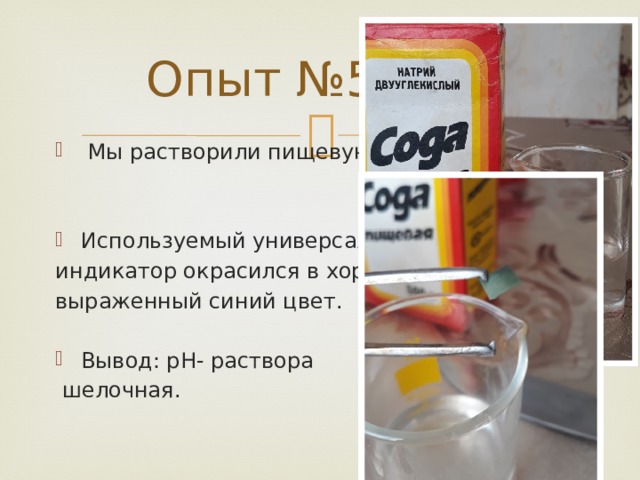  Опыт №5  Мы растворили пищевую соду. Используемый универсальный индикатор окрасился в хорошо выраженный синий цвет. Вывод: pH- раствора  шелочная. 