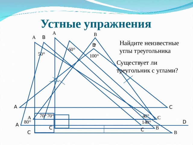 Устные упражнения А В B А Найдите неизвестные углы треугольника ? В 60° 50° 100° Существует ли треугольник с углами? А С 70° 70° 40° С А 80° D 140° А В С C В С 