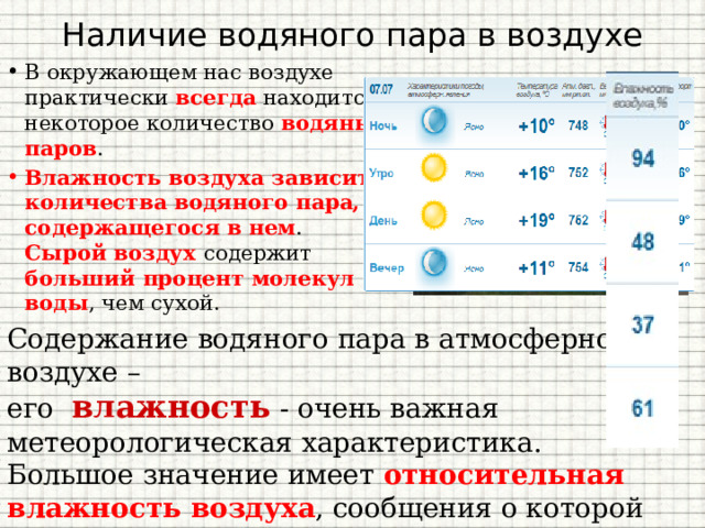 Наличие водяного пара в воздухе В окружающем нас воздухе практически всегда находится некоторое количество водяных паров . Влажность воздуха зависит от количества водяного пара, содержащегося в нем .  Сырой воздух содержит больший процент молекул воды , чем сухой. Содержание водяного пара в атмосферном воздухе – его влажность - очень важная метеорологическая характеристика. Большое значение имеет относительная влажность воздуха , сообщения о которой каждый день  звучат в сводках метеопрогноза. 