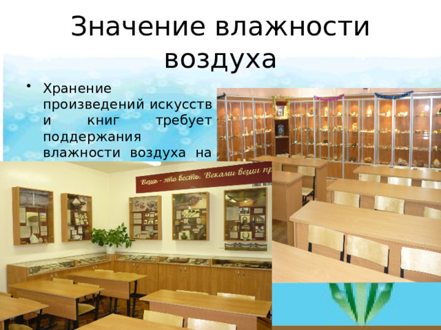 Значение влажности воздуха Хранение произведений искусств и книг требует поддержания влажности воздуха на необходимом уровне 