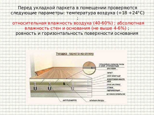 Перед укладкой паркета в помещении проверяются следующие параметры: температура воздуха (+18 +24°С) ;   относительная влажность воздуха (40-60%) ; абсолютная влажность стен и основания (не выше 4-6%) ;  ровность и горизонтальность поверхности основания   