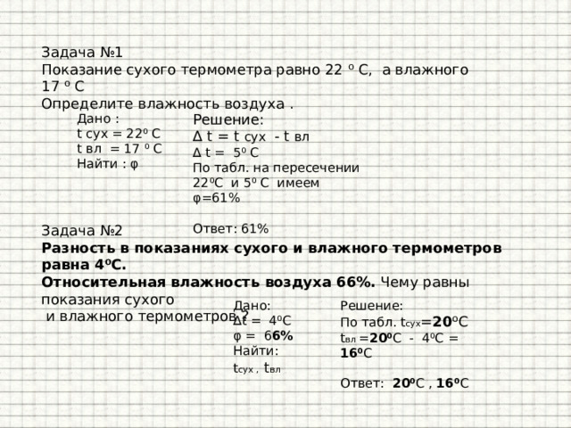 Задача №1 Показание сухого термометра равно 22 ⁰ С, а влажного 1 7 ⁰ С Определите влажность воздуха . Решение: Дано : t cyx = 22⁰ C ∆ t = t cyx - t вл t вл = 17 ⁰ С ∆ t = 5⁰ C Найти : φ По табл. на пересечении 22⁰С и 5⁰ С имеем φ=61% Ответ: 61% Задача №2 Разность в показаниях сухого и влажного термометров равна 4 ⁰С. Относительная влажность воздуха 6 6 %. Чему равны показания сухого  и влажного термометров ? Дано: Решение: ∆ t = 4⁰C По табл. t сух = 20 ⁰C φ = 6 6 % t вл = 20 ⁰ C - 4⁰C = 16 ⁰ C Найти: t сух , t вл Ответ: 20 ⁰ С , 16 ⁰ С  