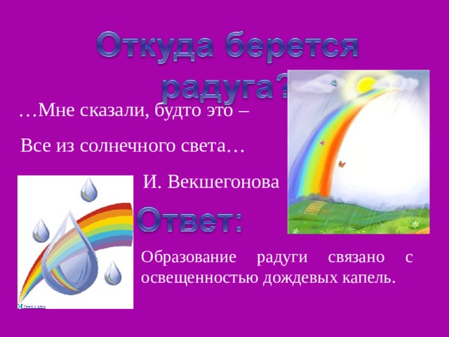  … Мне сказали, будто это –  Все из солнечного света… И. Векшегонова Образование радуги связано с освещенностью дождевых капель. 