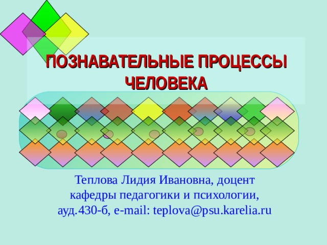 ПОЗНАВАТЕЛЬНЫЕ ПРОЦЕССЫ ЧЕЛОВЕКА Теплова Лидия Ивановна, доцент кафедры педагогики и психологии, ауд. 430- б, e-mail : teplova@psu.karelia.ru