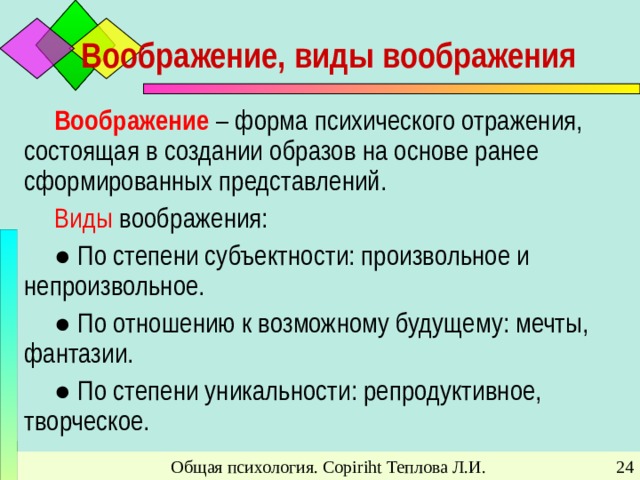 Воображение, виды воображения Воображение – форма психического отражения, состоящая в создании образов на основе ранее сформированных представлений. Виды воображения: ● По степени субъектности: произвольное и непроизвольное. ● По отношению к возможному будущему: мечты, фантазии. ● По степени уникальности: репродуктивное, творческое. Общая психология. Copiriht Теплова Л.И.