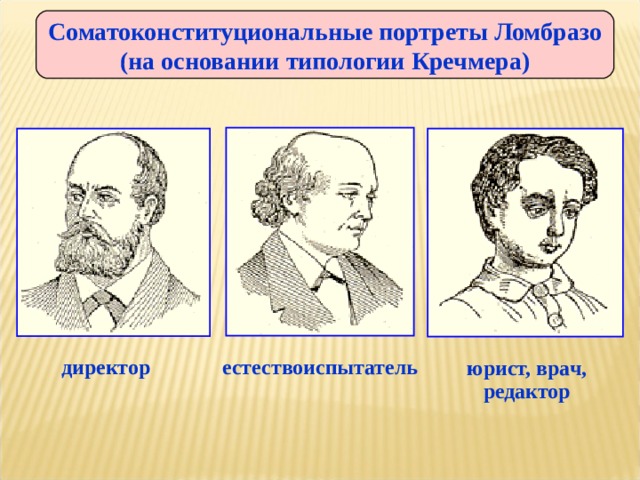 Соматоконституциональные портреты Ломбразо (на основании типологии Кречмера) юрист, врач, редактор директор естествоиспытатель 