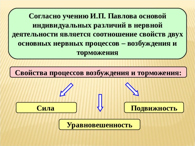 Согласно учению И.П. Павлова основой индивидуальных различий в нервной деятельности является соотношение свойств двух основных нервных процессов – возбуждения и торможения Свойства процессов возбуждения и торможения: Подвижность Сила  Уравновешенность 