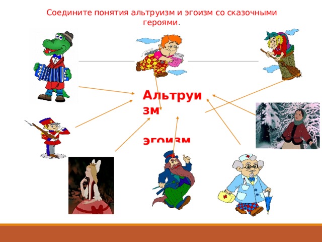 Соедините понятия альтруизм и эгоизм со сказочными героями . Альтруизм  эгоизм 