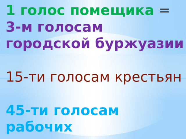 1 голос помещика =  3-м голосам городской буржуазии  15-ти голосам крестьян  45-ти голосам рабочих 