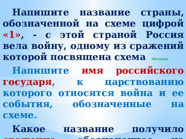  Напишите название страны, обозначенной на схеме цифрой «1» , - с этой страной Россия вела войну, одному из сражений которой посвящена схема  (Япония)  Напишите имя российского государя , к царствованию которого относятся война и ее события, обозначенные на схеме.  Какое название получило сражение , обозначенное на схеме цифрой «2» ?  (Цусима )  
