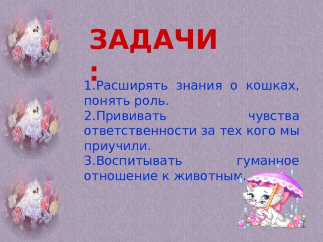 ЗАДАЧИ: Задачи: 1.Расширять знания о кошках, понять роль. 2.Прививать чувства ответственности за тех кого мы приучили. 3.Воспитывать гуманное отношение к животным. Расширять знания о кошках, понять роль.  Прививать чувства ответственности за тех кого мы приучили. Воспитывать гуманное отношение к животным. 