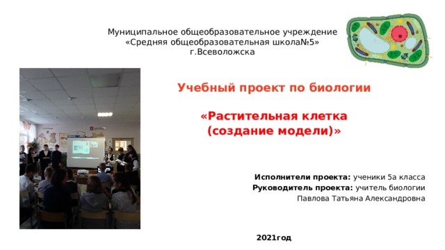 Муниципальное общеобразовательное учреждение  «Средняя общеобразовательная школа№5»  г.Всеволожска   Учебный проект по биологии   « Растительная клетка (создание модели) »    Исполнители проекта: ученики 5а класса Руководитель проекта: учитель биологии Павлова Татьяна Александровна   2021год 